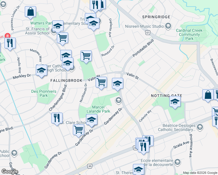 map of restaurants, bars, coffee shops, grocery stores, and more near 1824 Hennessy Crescent in Ottawa