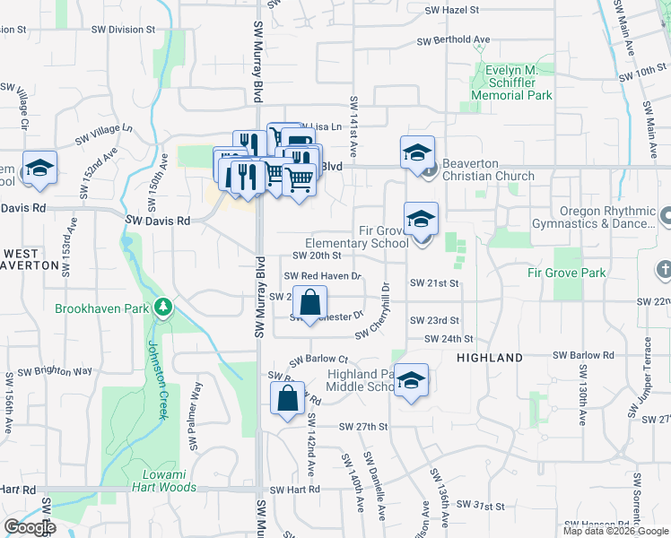 map of restaurants, bars, coffee shops, grocery stores, and more near 14170 Southwest Red Haven Drive in Beaverton