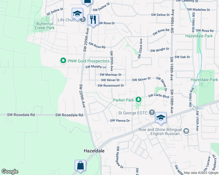 map of restaurants, bars, coffee shops, grocery stores, and more near 6576 Southwest 207th Avenue in Aloha