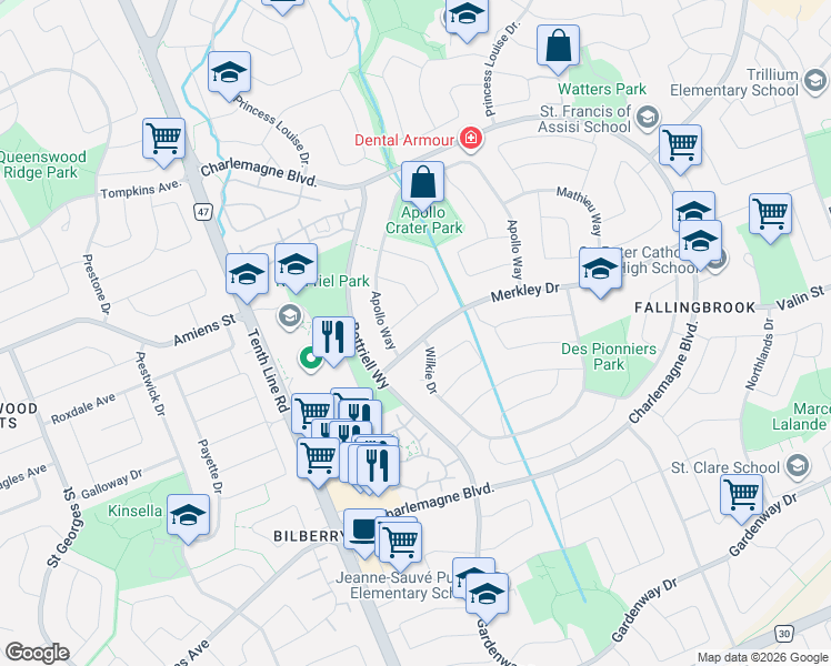 map of restaurants, bars, coffee shops, grocery stores, and more near 552 Merkley Drive in Ottawa