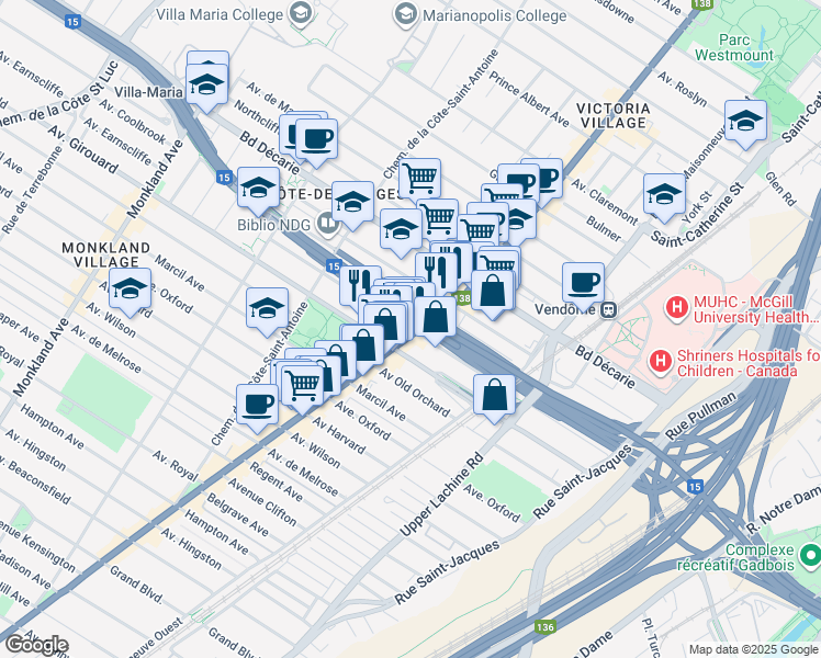map of restaurants, bars, coffee shops, grocery stores, and more near 3428 Addington Street in Montreal