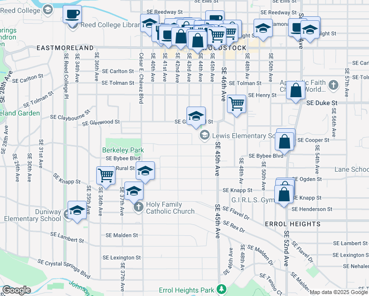 map of restaurants, bars, coffee shops, grocery stores, and more near 4212 Southeast Evergreen Street in Portland