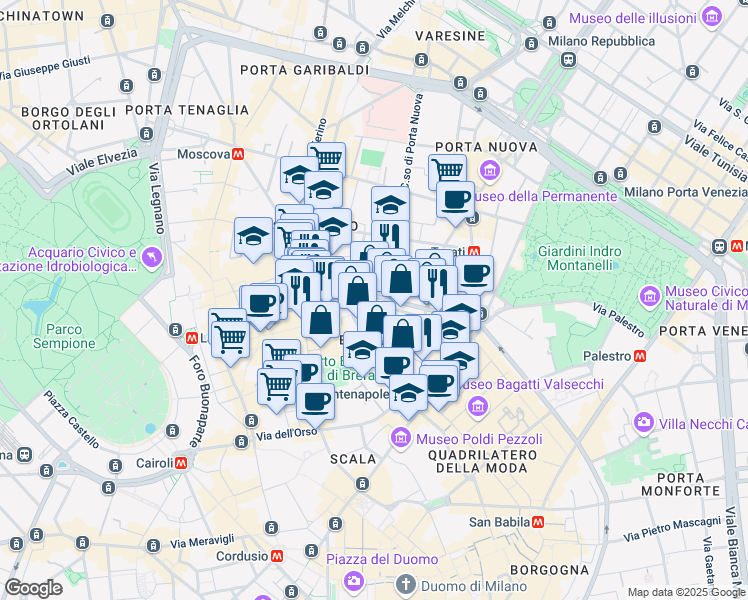 map of restaurants, bars, coffee shops, grocery stores, and more near 14 Via Fatebenefratelli in Milano