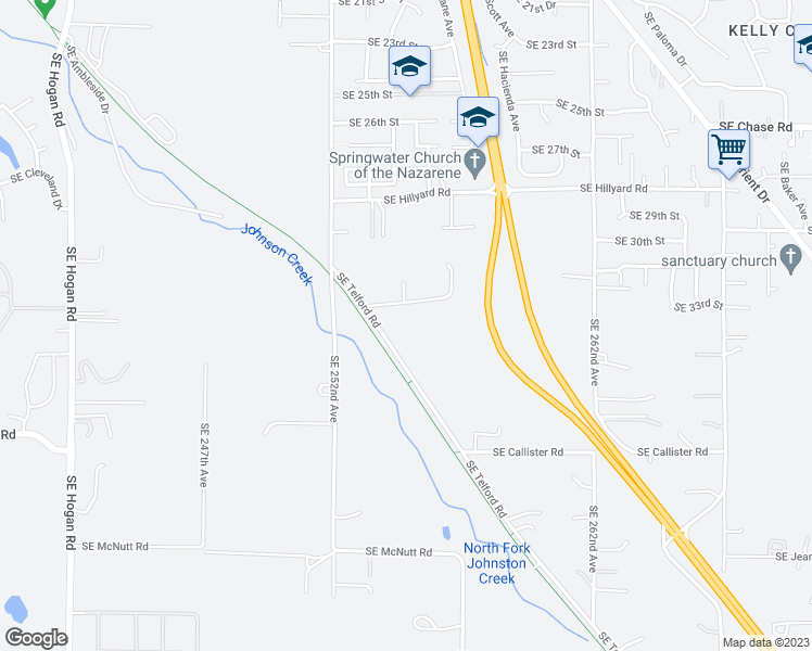 map of restaurants, bars, coffee shops, grocery stores, and more near 6842 Southeast Telford Road in Gresham