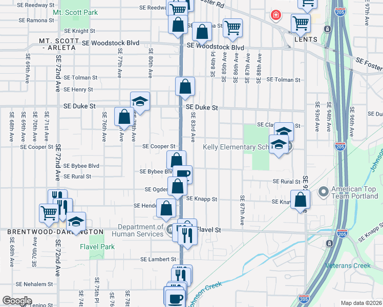 map of restaurants, bars, coffee shops, grocery stores, and more near 6920 Southeast 82nd Avenue in Portland