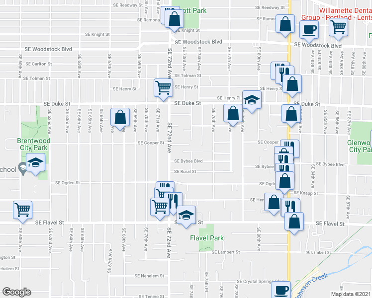 map of restaurants, bars, coffee shops, grocery stores, and more near 7337 Southeast Bybee Boulevard in Portland
