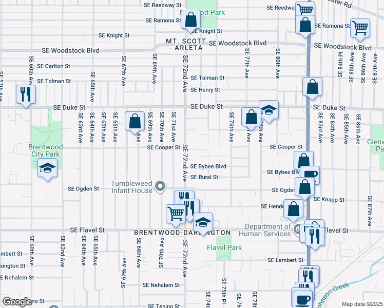 map of restaurants, bars, coffee shops, grocery stores, and more near 6916 Southeast 72nd Avenue in Portland