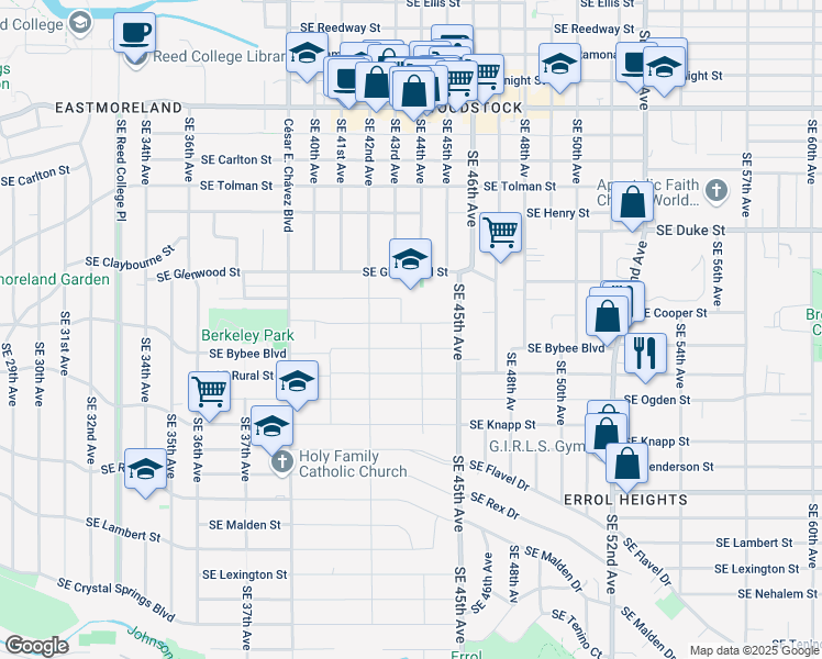 map of restaurants, bars, coffee shops, grocery stores, and more near 7011 Southeast 44th Avenue in Portland