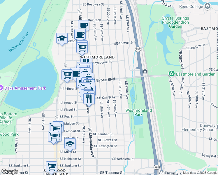 map of restaurants, bars, coffee shops, grocery stores, and more near 7215 Southeast 19th Avenue in Portland