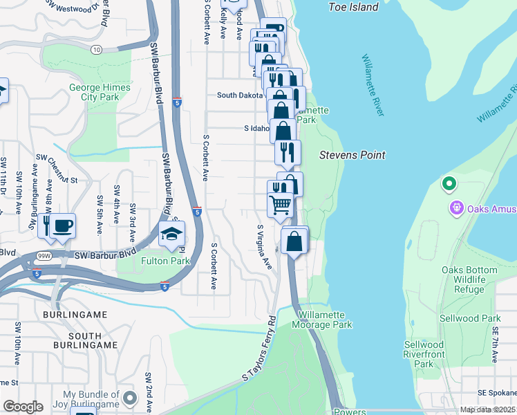 map of restaurants, bars, coffee shops, grocery stores, and more near 606 South Nevada Street in Portland