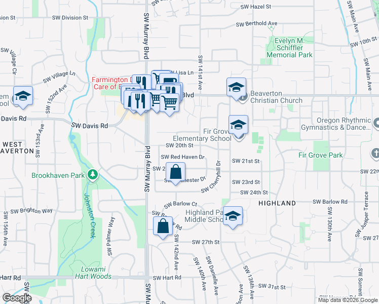 map of restaurants, bars, coffee shops, grocery stores, and more near 14170 Southwest Red Haven Drive in Beaverton