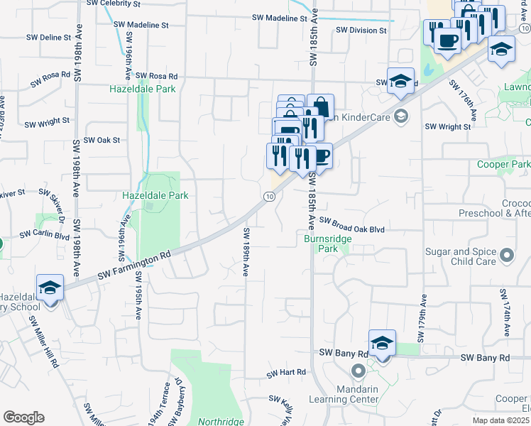 map of restaurants, bars, coffee shops, grocery stores, and more near 42 Southwest 189th Avenue in Beaverton