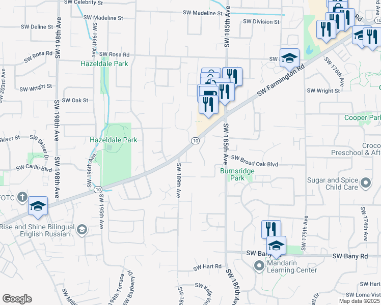 map of restaurants, bars, coffee shops, grocery stores, and more near 42 Southwest 189th Avenue in Beaverton
