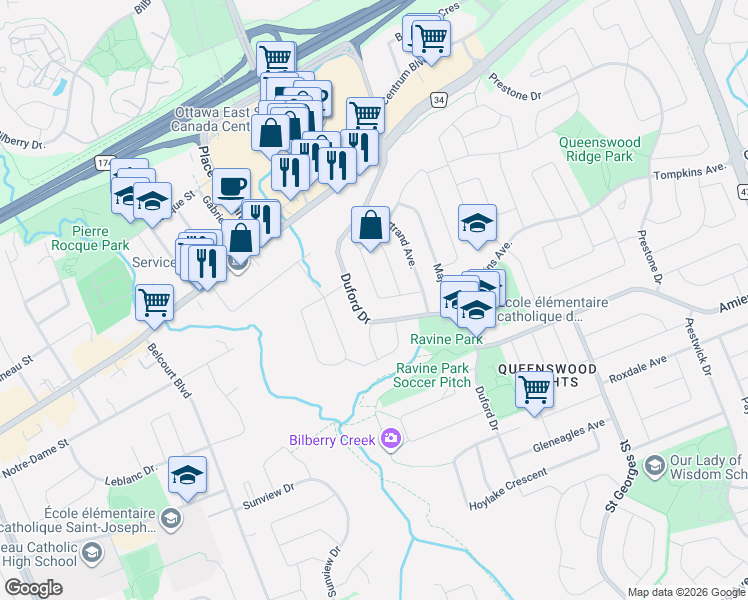 map of restaurants, bars, coffee shops, grocery stores, and more near 1400 Jamison Avenue in Ottawa