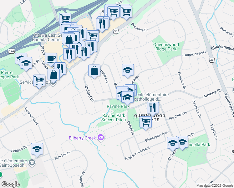 map of restaurants, bars, coffee shops, grocery stores, and more near in Ottawa
