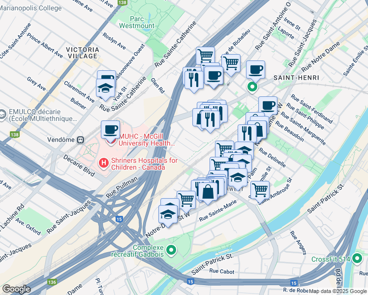map of restaurants, bars, coffee shops, grocery stores, and more near 734 Rue Walnut in Montréal