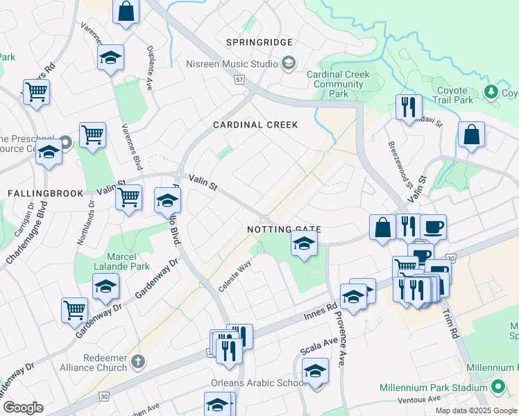 map of restaurants, bars, coffee shops, grocery stores, and more near 1573 Demeter Street in Ottawa