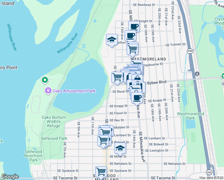 map of restaurants, bars, coffee shops, grocery stores, and more near 7060 Southeast 13th Avenue in Portland