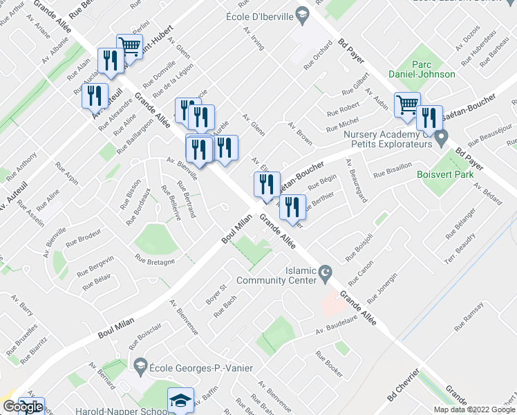 map of restaurants, bars, coffee shops, grocery stores, and more near Boul Milan in Brossard