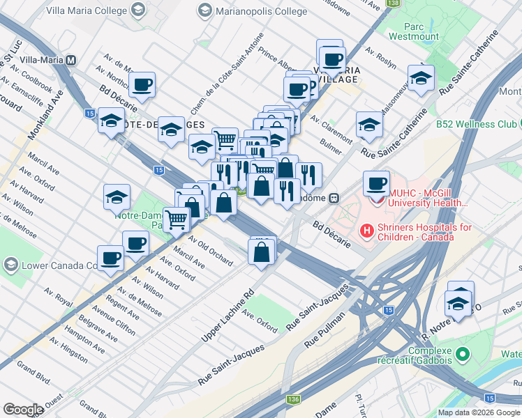 map of restaurants, bars, coffee shops, grocery stores, and more near 2193 Avenue Prud'homme in Montréal