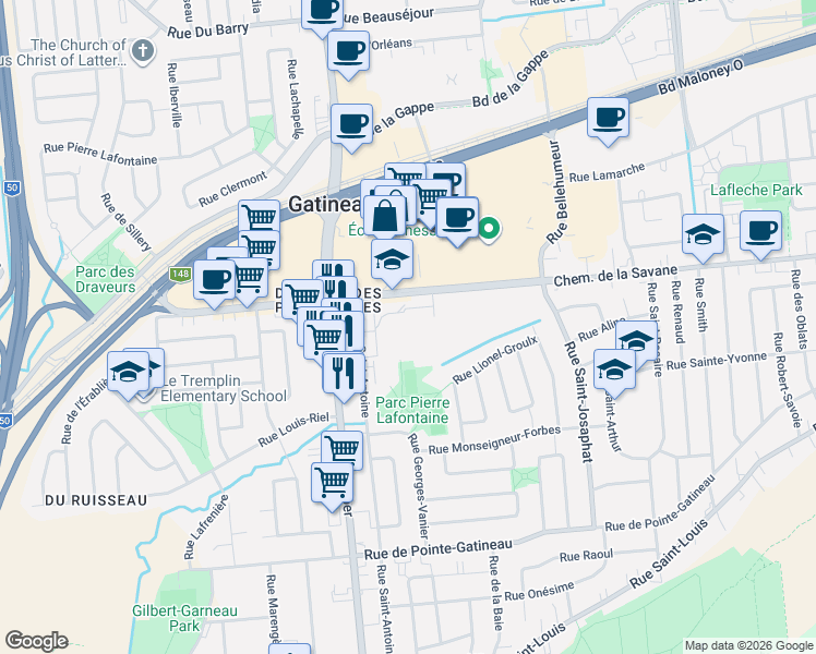 map of restaurants, bars, coffee shops, grocery stores, and more near 50 Chemin de la Savane in Gatineau