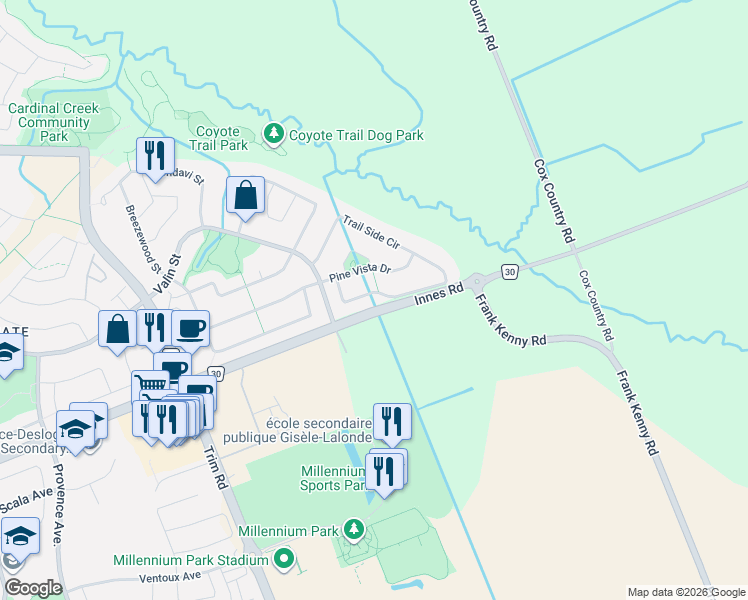 map of restaurants, bars, coffee shops, grocery stores, and more near 266 Trail Side Circle in Ottawa
