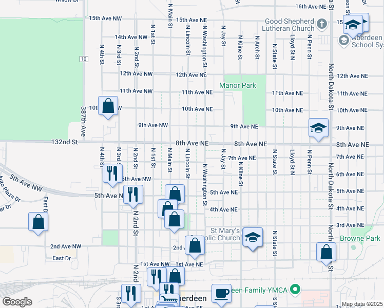 map of restaurants, bars, coffee shops, grocery stores, and more near 101-199 7th Ave NE in Aberdeen