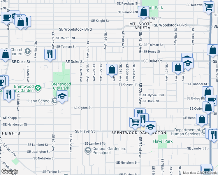 map of restaurants, bars, coffee shops, grocery stores, and more near 6818 Southeast 67th Avenue in Portland