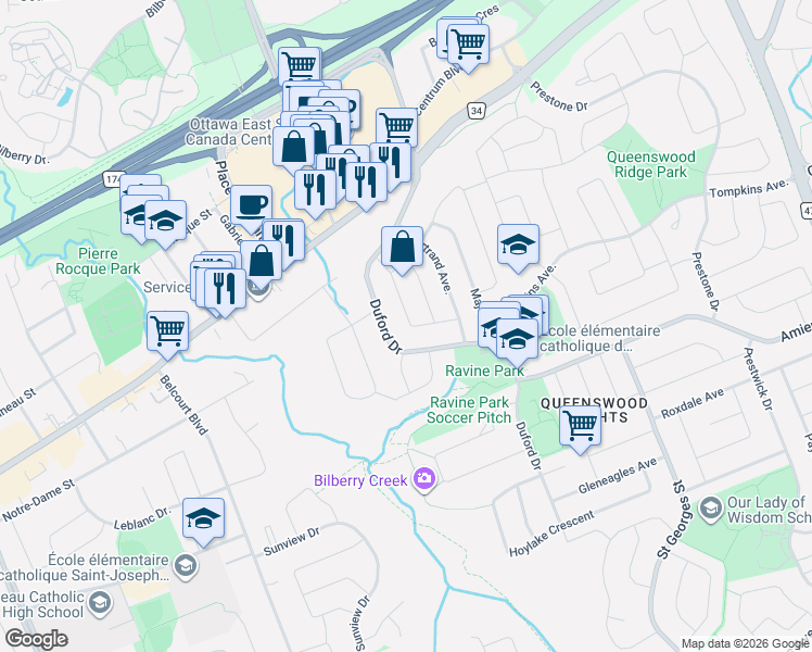 map of restaurants, bars, coffee shops, grocery stores, and more near 1400 Jamison Avenue in Ottawa
