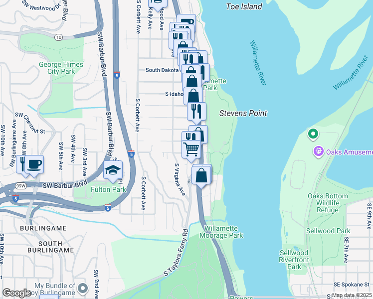 map of restaurants, bars, coffee shops, grocery stores, and more near 606 South Nevada Street in Portland
