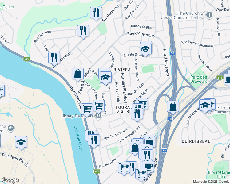 map of restaurants, bars, coffee shops, grocery stores, and more near 49 Rue de Calais in Gatineau