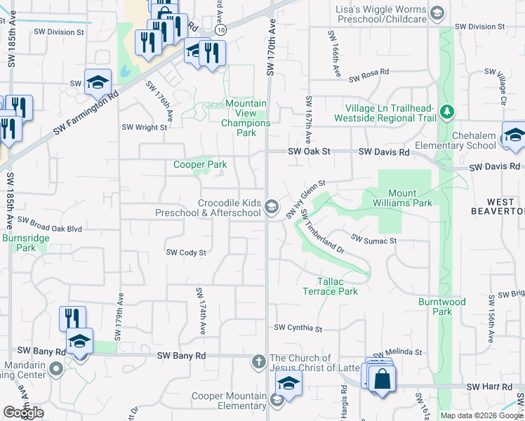 map of restaurants, bars, coffee shops, grocery stores, and more near 16990 Southwest Ivy Glenn Street in Beaverton