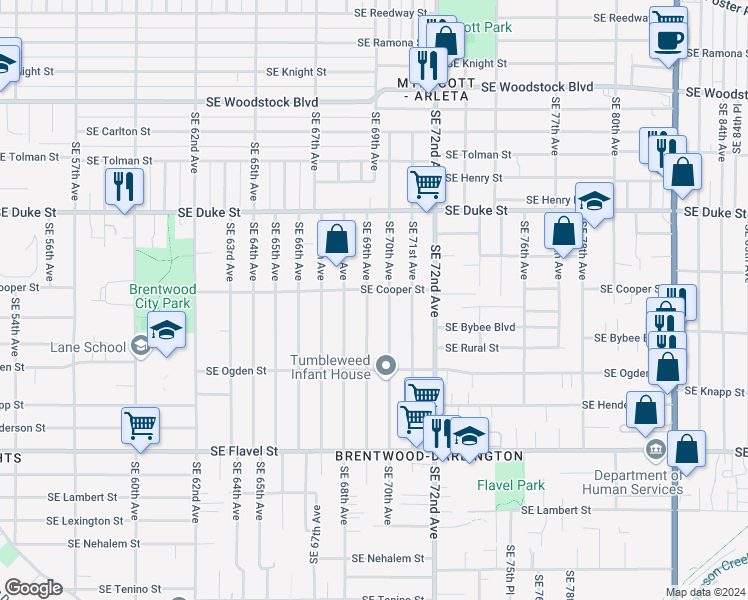 map of restaurants, bars, coffee shops, grocery stores, and more near 6814 Southeast 69th Avenue in Portland