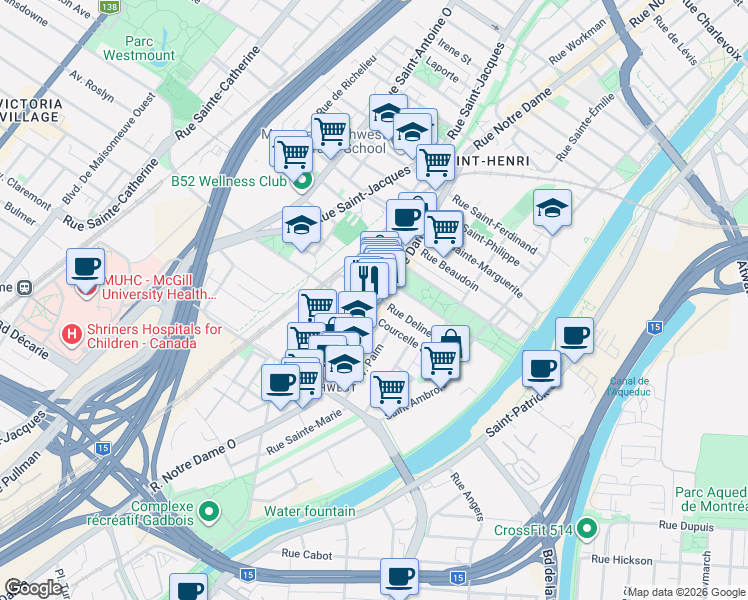 map of restaurants, bars, coffee shops, grocery stores, and more near 4653 Rue Notre-Dame Ouest in Montréal