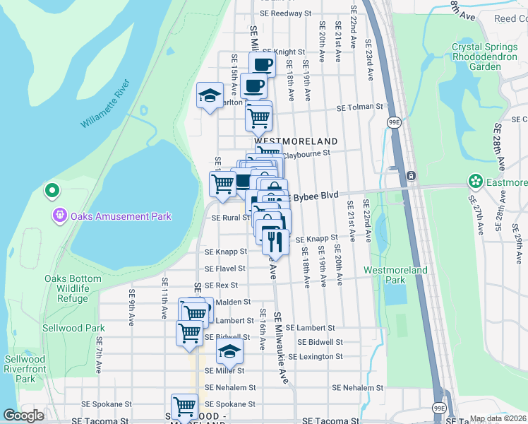 map of restaurants, bars, coffee shops, grocery stores, and more near 7027 Southeast Milwaukie Avenue in Portland