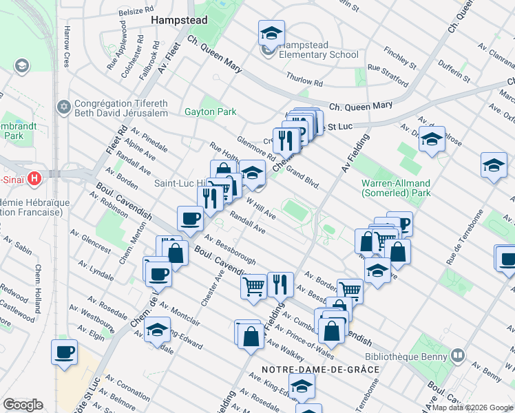 map of restaurants, bars, coffee shops, grocery stores, and more near 5290 West Hill Avenue in Montreal