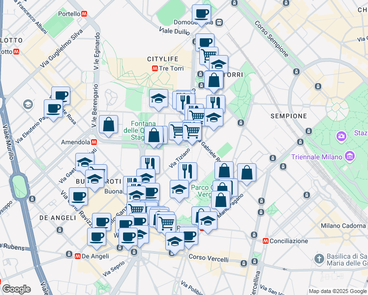 map of restaurants, bars, coffee shops, grocery stores, and more near 32 Via Tiziano in Milan