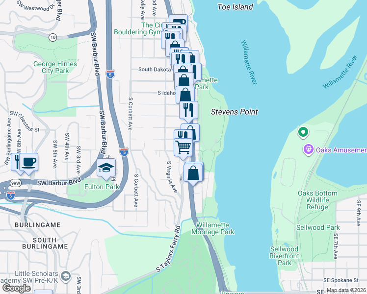 map of restaurants, bars, coffee shops, grocery stores, and more near 606 South Nevada Street in Portland