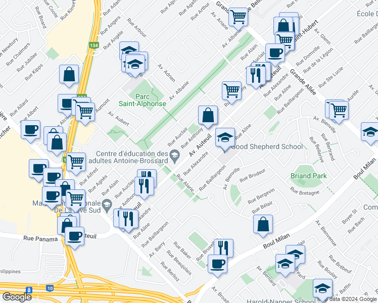 map of restaurants, bars, coffee shops, grocery stores, and more near 5827 Avenue Auteuil in Brossard