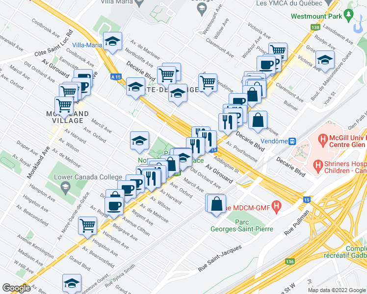 map of restaurants, bars, coffee shops, grocery stores, and more near in Montreal