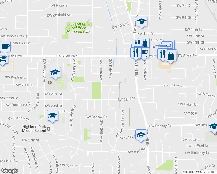map of restaurants, bars, coffee shops, grocery stores, and more near 12920 Southwest 19th Street in Beaverton