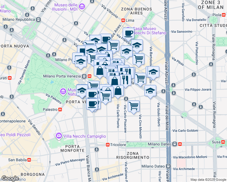 map of restaurants, bars, coffee shops, grocery stores, and more near 9 Via Melzo in Milan