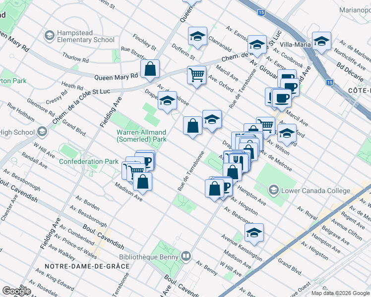 map of restaurants, bars, coffee shops, grocery stores, and more near 4567 Avenue de Hampton in Montréal