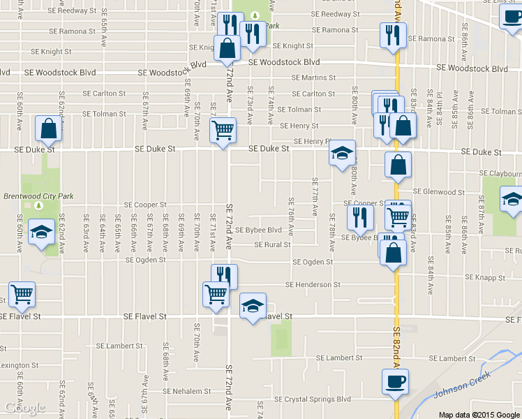 map of restaurants, bars, coffee shops, grocery stores, and more near 6719-6727 Southeast 74th Avenue in Portland