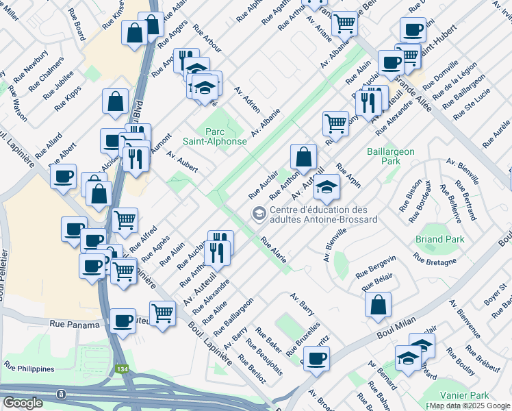 map of restaurants, bars, coffee shops, grocery stores, and more near 5857 Rue Anthony in Brossard