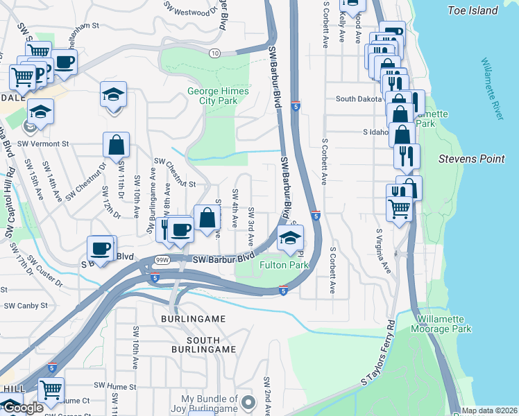 map of restaurants, bars, coffee shops, grocery stores, and more near 221 Southwest Texas Street in Portland