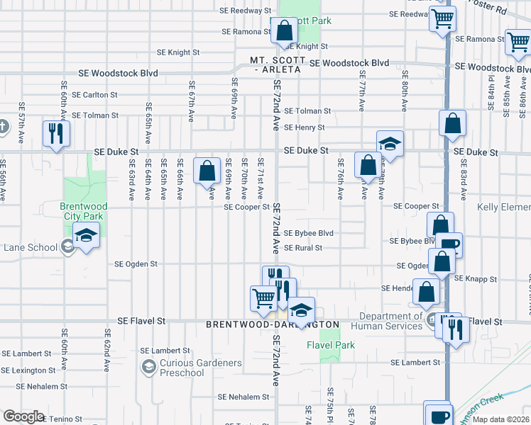 map of restaurants, bars, coffee shops, grocery stores, and more near 7106 Southeast Cooper Street in Portland