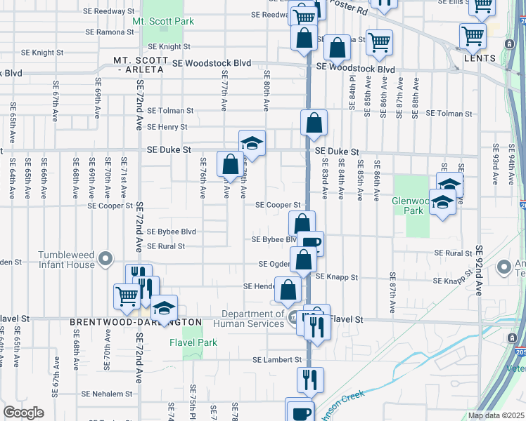 map of restaurants, bars, coffee shops, grocery stores, and more near 7970 Southeast Cooper Street in Portland