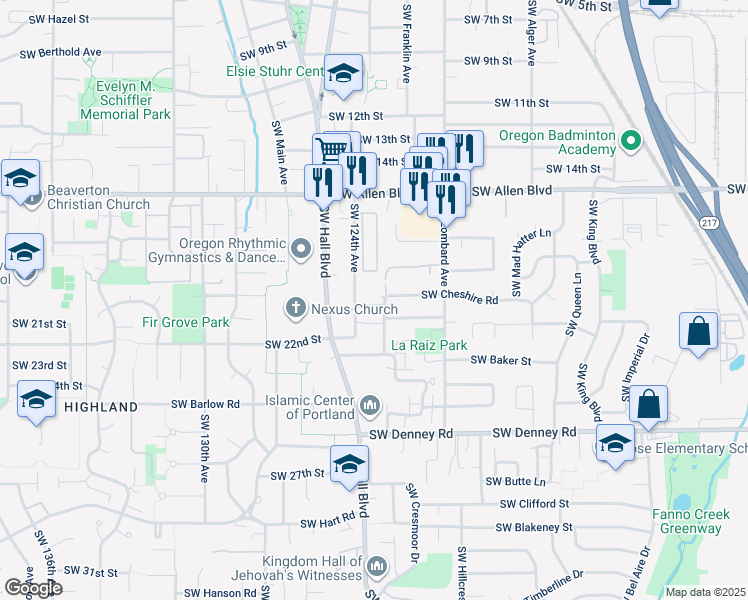 map of restaurants, bars, coffee shops, grocery stores, and more near 6120 Southwest 124th Avenue in Beaverton