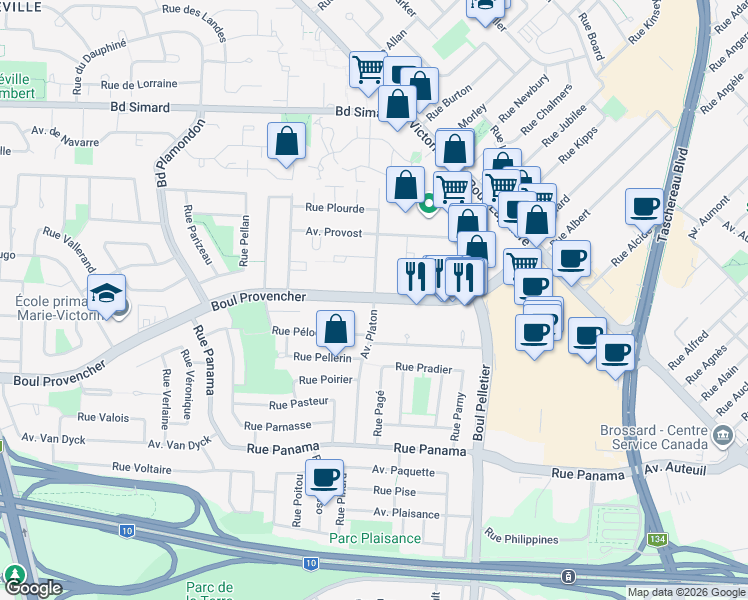map of restaurants, bars, coffee shops, grocery stores, and more near 1305 Boulevard Provencher in Brossard